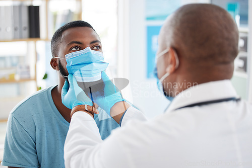 Image of Doctor, check throat and patient with covid in hospital for symptoms, examination and consultation. Healthcare, black man and medical professional with face mask for treatment or checkup in clinic