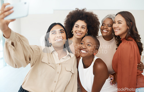 Image of Creative woman, friends and smile for selfie, profile picture or social media business at office. Happy, friendly or diverse group of women smiling for photo, vlog or online post at workplace startup