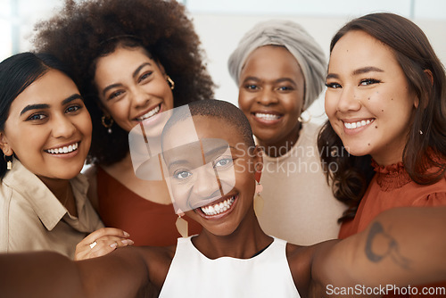 Image of Business woman, friends and smile for selfie, profile picture or social media business at office. Portrait of happy and diverse group of women face smiling for photo, vlog or online post at workplace