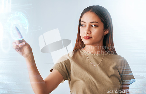 Image of Hologram screen, earth and business woman with digital data feeling serious in a office. Employee, world graphic and global web information of a female planning with international stock market info