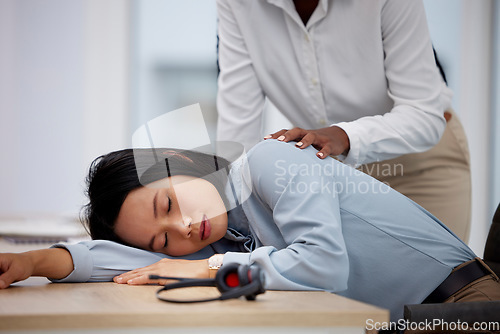 Image of Tired, overworked and sleeping with asian woman in call center office for exhausted, burnout and stress. Customer support, contact us and consulting with female for rest, mental health and problem