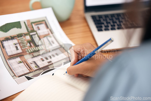 Image of Architecture blueprint, notebook hands writing and woman working on real estate and construction plan. Engineering, building industry and property development strategy with a female with notes