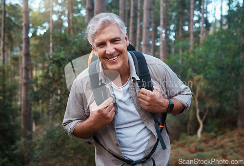 Image of Happy, hiking and portrait of old man in nature for relax, trekking and adventure. Travel, wellness and vacation with senior male walking in forest for retirement, backpacking and cardio endurance