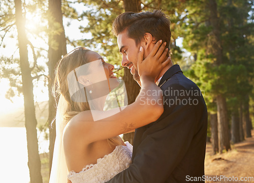 Image of Wedding, married and love of happy couple in park, forest and nature for celebration of union, care and marriage. Bride, groom and smile in garden for romance, bridal event and celebrate commitment