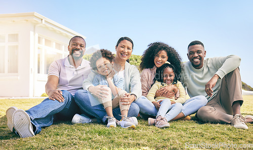 Image of Family, portrait and generations, relax together on grass with happiness, grandparents and parents with children. Happy people outdoor, summer and sitting on lawn, love and bonding with smile