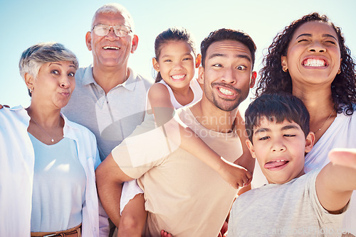 Image of Big family, crazy portrait of grandparents and kids with mom, dad and smile, happy bonding together on ocean vacation. Sun, fun and happiness for generations of men and women with children on holiday