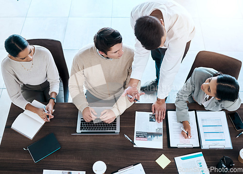 Image of Business people, meeting and planning manager with marketing strategy, project report and brainstorming ideas. Professional employees or group listening to boss talking of company documents or review