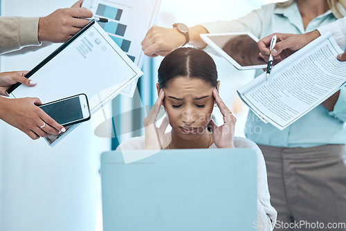 Image of Headache, stress and multitask business woman with anxiety, burnout and mental health problem on laptop. Time management, phone call and chaos of professional team manager, computer and people hands