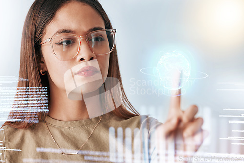 Image of Hologram screen, coding and business woman with digital data feeling serious in a office. Employee, earth graphic and global web information of a female planning with international stock market info