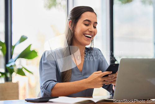 Image of Phone, happy and business woman laughing while texting in office, typing and reading meme while working on a laptop. Funny, online and social media joke by lady employee enjoying humor, break or text