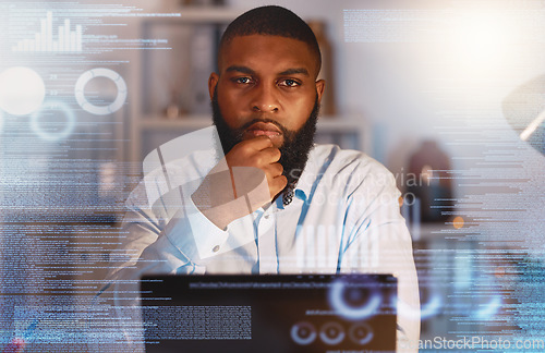 Image of Thinking, finance hologram and portrait of black man on laptop for stock trading, data analytics and research. Digital overlay, business and male with ideas, brainstorming and strategy on computer