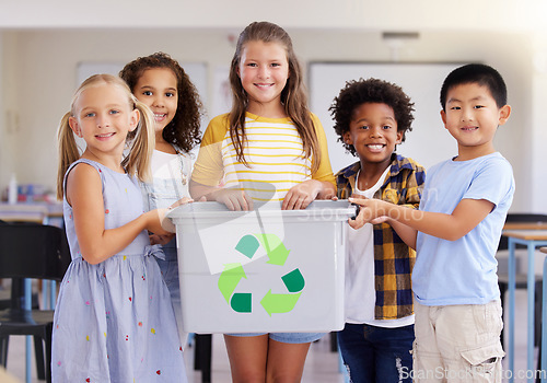 Image of Children, recycle bin and portrait in classroom for cleaning, climate change or eco friendly in school. Recycling, learning and education smile with happy group of students or friends in kindergarten