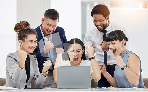 Image of Business people, laptop and celebration for winning, promotion or bonus in teamwork at the office. Group of excited and happy employees in team victory, achievement or meeting success by computer