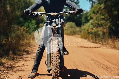 Image of Mountain bike, person on path and fitness outdoor, ready for cycling and extreme sports with biking and exercise. Workout, riding in nature with bicycle and athlete, training for race with cyclist