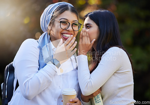 Image of Friends, gossip and women talking, outdoor and share news with smile, surprise an cheerful together. Girls, female students and young people with happiness, whisper in ear and conversation in park