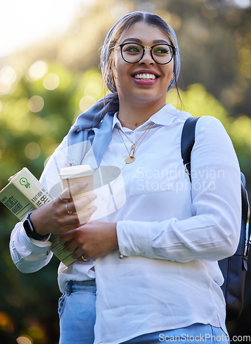 Image of Happy, break or Muslim student at park on university campus thinking of learning, education or books. Girl, smile or woman relaxing with coffee dreaming of future goals, success or college knowledge