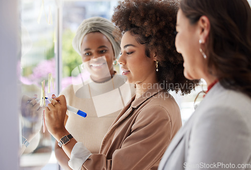 Image of Planning, happy and women brainstorming in a meeting, writing ideas and notes on a sticky note. Smile, agenda and business people speaking while working on a strategy and explaining a concept