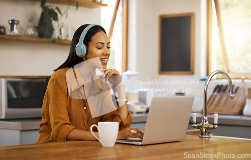 Image of Video call, remote work and woman in kitchen on laptop for virtual meeting, strategy and planning at home. Freelancer, business and girl with headphones for seminar, working online and conversation