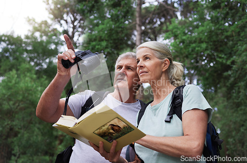 Image of Book, bird watching and search with old couple in nature for bonding, discovery and travel adventure. Relax, hiking and view with senior man and woman in forest for explore, retirement and hobby
