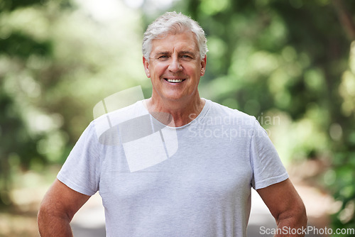 Image of Senior man, exercise and portrait outdoor for run, workout and training on road with trees for fitness. Elderly male person smile for cardio health and wellness while walking or running in retirement