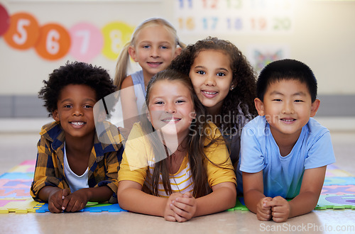 Image of Education, portrait or happy children in classroom learning or smiling in preschool together with support. Kids development, diversity or students with growth mindset for knowledge in kindergarten