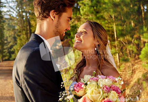 Image of Love, bride and groom with smile, outdoor and cheerful for special day, loving and bonding. Romance, man and woman on wedding day, passionate and affectionate in nature, forest or celebration outside