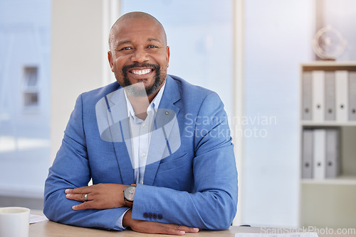 Image of Happy black man, mature or portrait in finance office about us, company profile picture or CEO introduction. Smile, corporate or management person with business investment, savings or financial ideas