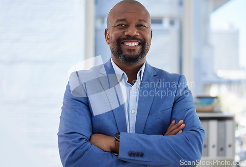 Image of Happy black man, arms crossed or business portrait of corporate motivation in company about us or profile picture. Smile, confident or mature management person and success mindset or CEO introduction