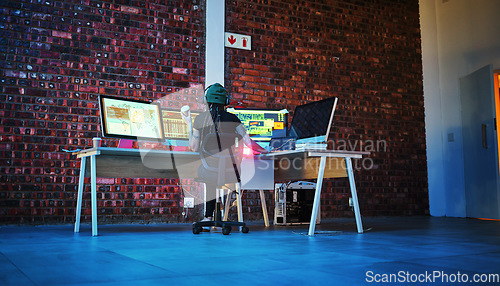 Image of Coding, hacker woman and computer monitor for cybersecurity, programming and data. Analytics code, dashboard and technology of a female working on futuristic, iot and software database at night