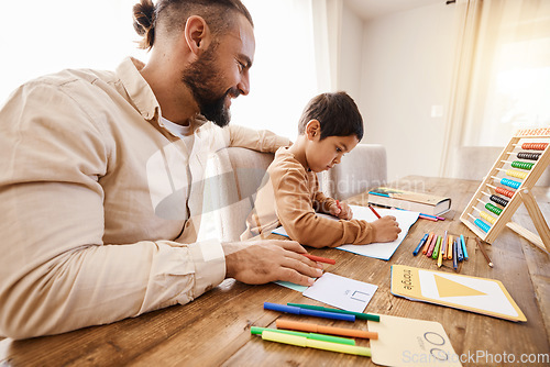 Image of Learning math, father and kid writing in book in home studying, homework help or homeschool tutor. Happy dad, boy and teaching in education, mathematics and knowledge for child development in house.