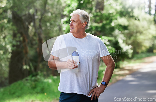 Image of Man, exercise and thinking outdoor with water bottle for a run, workout and training for fitness. Senior male happy for hydration and cardio health or wellness while running in nature in retirement