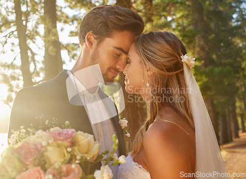 Image of Wedding, love and face of couple in park, forest and nature for celebration of union, care and marriage commitment. Bride, groom and relax in garden for romance, bridal event and sunshine in spring