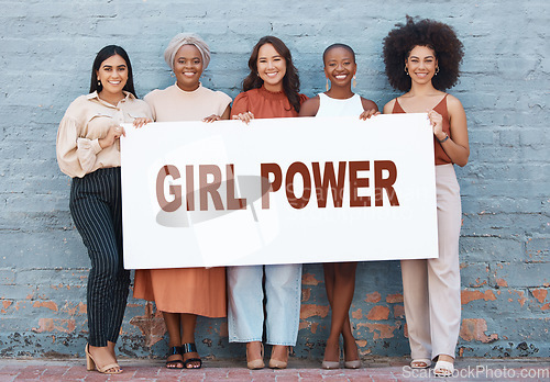 Image of Women, diversity and banner for empowerment on billboard, mockup or advertising board. Strong entrepreneur female group portrait with poster, paper or power sign for announcement or voice