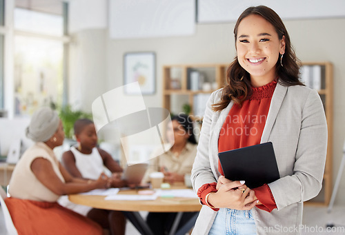 Image of Happy Asian woman with tablet, portrait and leadership, presentation and speaker with team leader. Business female with smile and digital device in meeting, professional mindset and success in office