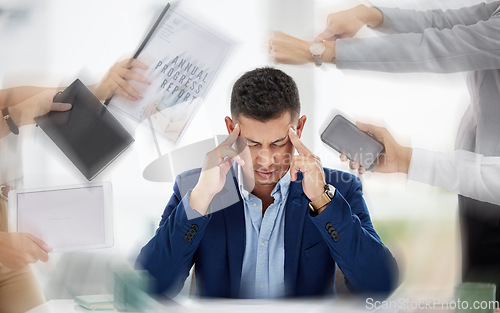 Image of Hands with paperwork, headache or stressed businessman working with problem or bad mental health. Blurry migraine, anxiety or frustrated worker overworked, tired or exhausted with documents deadlines