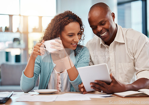 Image of Happy couple, tablet and planning for finance, budget or application for loan on fintech app in home. Black man, woman or reading on touchscreen ux with smile, financial goals and investment profit