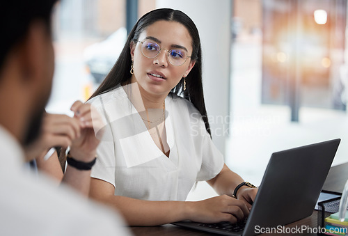 Image of Business meeting, workshop and woman in office with laptop for team discussion on strategy and planning. Project management, conversation and team brainstorming for proposal, deal or job development.
