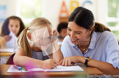 Image of Teacher, learning or helping girl with drawing in classroom, studying or assessment. Teaching, development or kid or student with happy woman for education, assistance or art notebook in kindergarten