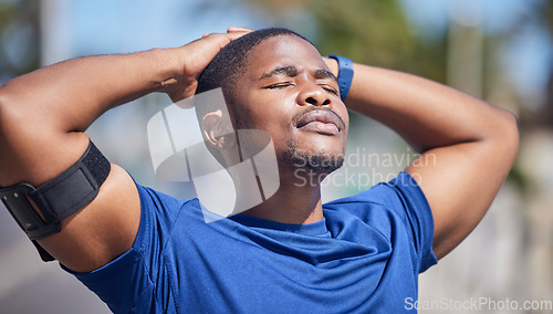 Image of Training, fitness and tired black man runner with sun on face for break from exercise, cardio or running. Workout, stop and breathe by athletic male relax outside for marathon, run or sport routine