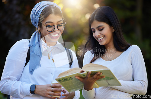 Image of Books, reading or happy students in park on campus for learning, education or future goals together. Women smile, Muslim or friends studying with school info meeting to research fun college knowledge