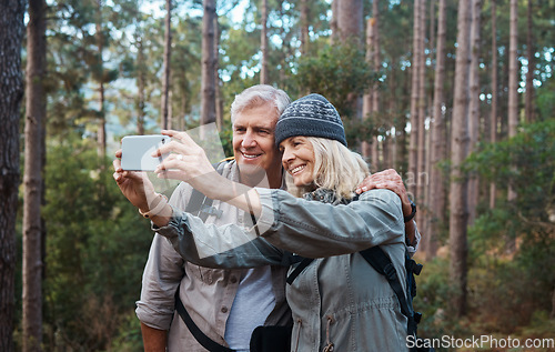 Image of Selfie, forest and hiking, old couple on nature walk taking picture for retirement vacation in Peru. Travel, senior man and mature woman with phone on hike with love and health on holiday adventure.