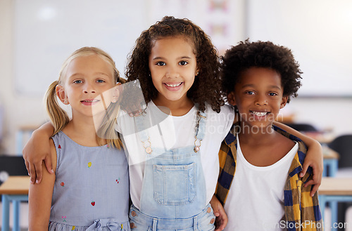 Image of Education, portrait or happy children in classroom learning or smiling in preschool together with support. Kids development, diversity or students with growth mindset for knowledge in kindergarten