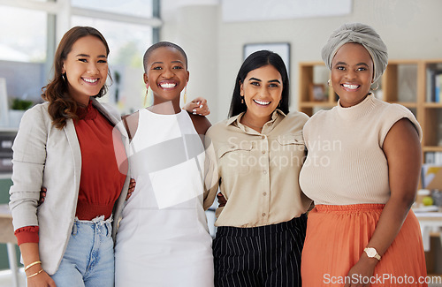 Image of Team, diversity and business women, portrait and happy in meeting with collaboration and solidarity. Female group, confidence and happy employees, working together and support with trust in office