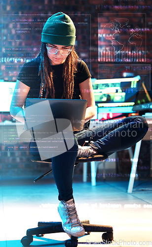 Image of Woman, laptop or hologram chart in hacker office on stock market analytics, finance research or future data. Financial investment info, phishing or girl trader typing digital graphs forecast