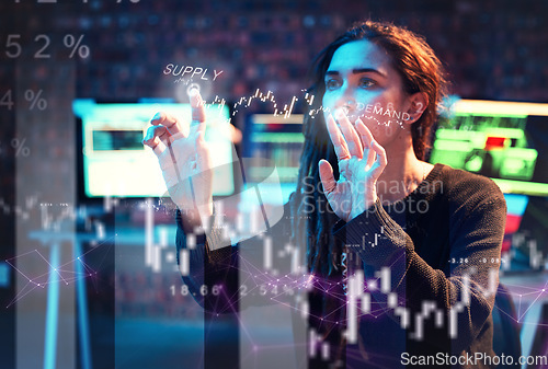 Image of Woman hacker, finance or hologram chart in night office on stock market analytics, touch planning or growth. Financial data, girl trading or hands on 3d screen interactive ux digital graphs forecast