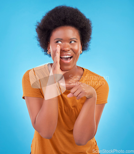 Image of Black woman, drama and secret gossip in studio, sharing exciting confidential news on blue background. Deal announcement, whisper and happy African girl with afro, discussion isolated in privacy.