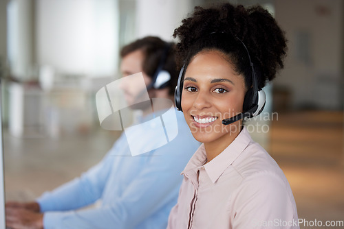 Image of Smile, customer support and portrait of woman at call center for b2b connection, contact us and consulting. Telemarketing, crm business and happy female worker for friendly service, agency and help