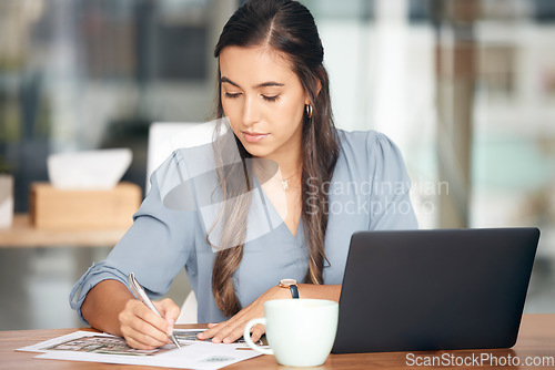 Image of Architecture notes, laptop and woman working on real estate and construction plan research. Engineering, building industry and property development strategy with a female writing data at a cafe