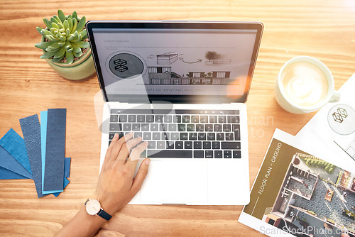 Image of Architecture, laptop graphic and above hands working on real estate and construction plan. Engineering, building industry closeup and property development with a person writing notes at a cafe