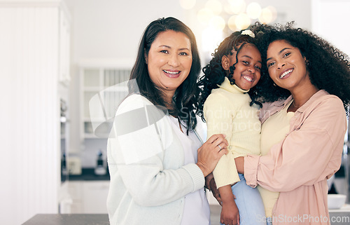 Image of Portrait of family, mother and daughter with child, love and multiracial relationship with happy adoption. Diversity, mom and grandma with girl, women with smile and support in loving home together.